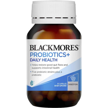 Blackmores Probiotics+ Daily Health, a potent probiotic blend with 30 billion bacteria for digestive support and daily vitality.