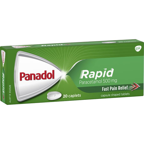 Fast-acting Panadol Rapid 500mg caplets for effective relief from headaches, muscular aches, and fever.