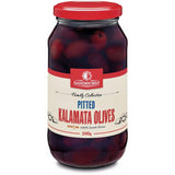 Pitted Kalamata olives from Greece, featuring rich flavor and smooth texture, perfect for salads and antipasto platters.