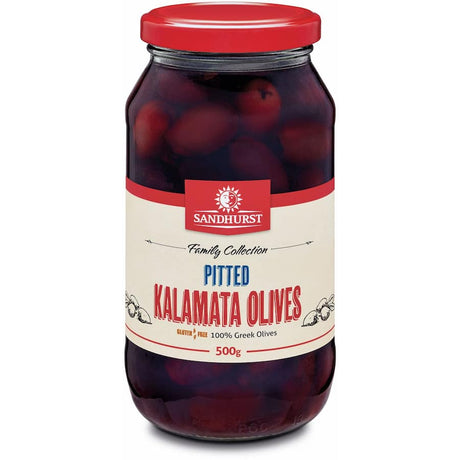 Pitted Kalamata olives from Greece, featuring rich flavor and smooth texture, perfect for salads and antipasto platters.