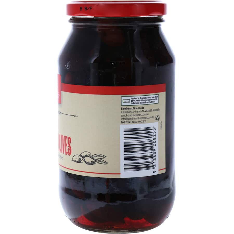 Pitted Kalamata olives from Greece, featuring rich flavor, smooth texture, and perfect for various culinary dishes.