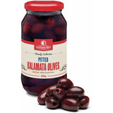 Pitted Kalamata olives from Greece, rich in flavor and smooth texture, ideal for enhancing dishes like salads and pastas.