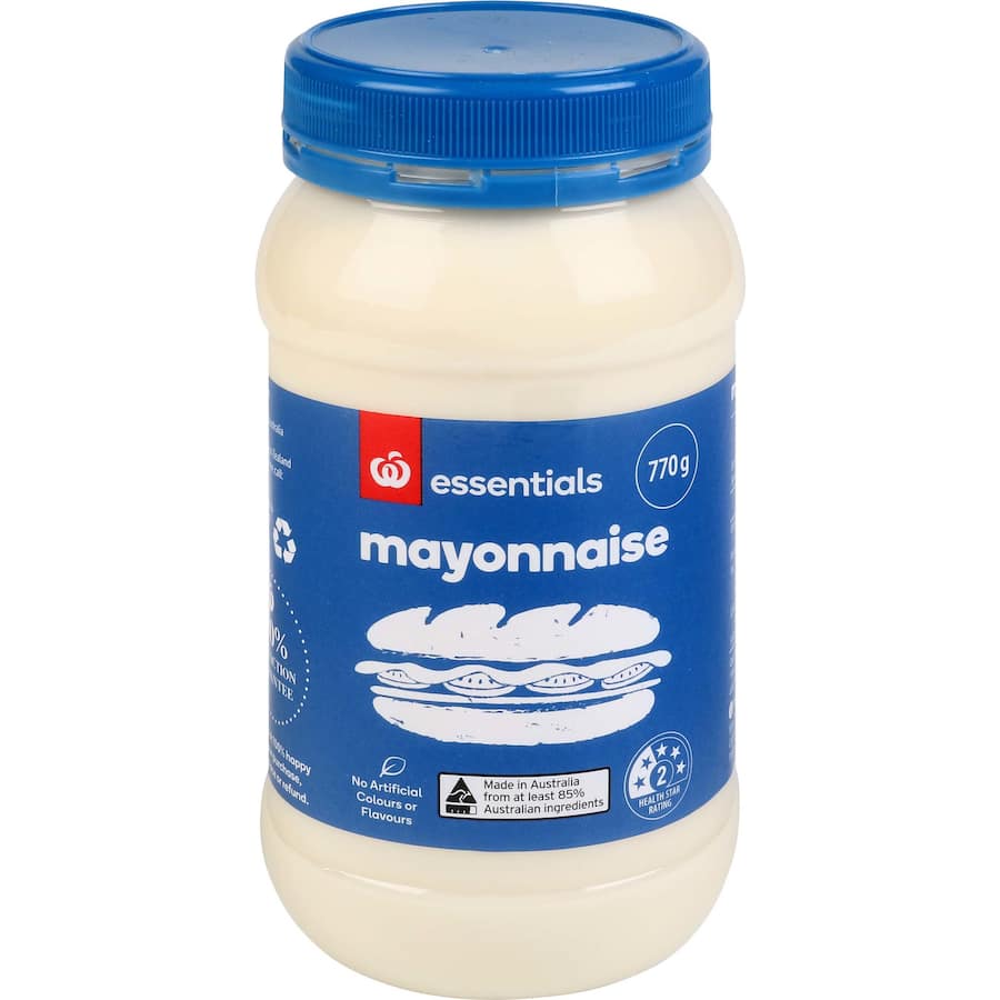 Essentials Mayonnaise 770g jar, creamy condiment made in Australia, perfect for sandwiches, salads, and dips, no MSG.