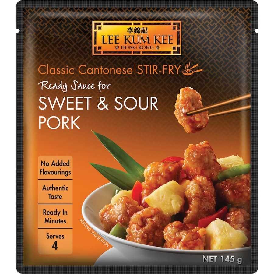 A jar of Lee Kum Kee Recipe Base Sweet & Sour Pork, featuring a blend of natural ingredients for easy, authentic cooking.