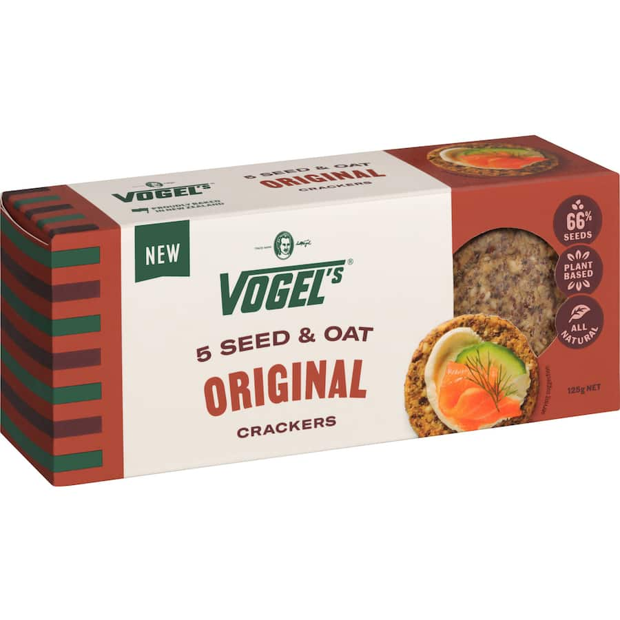 Vogels Crackers Original: Crunchy sourdough crackers made with wholesome grains and seeds, perfect for snacking or pairing with toppings.