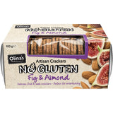 Olina's gluten-free crackers featuring fig and almond, perfect for gourmet snacking or charcuterie boards.