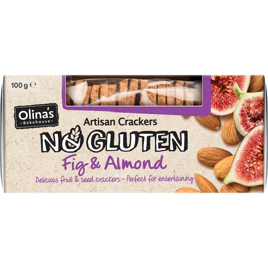 Olina's Gluten-Free Crackers with Fig & Almond, a tasty, crunchy snack perfect for health-conscious foodies.