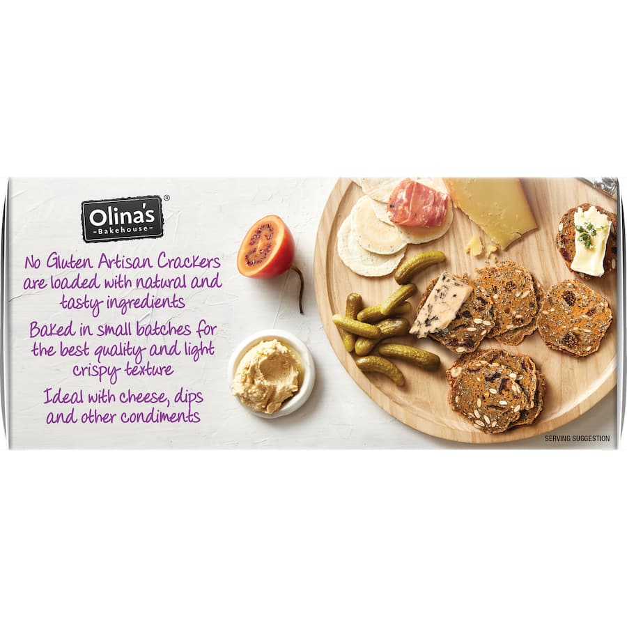 Olina's gluten-free crackers featuring fig and almond, perfect for a healthy, flavorful snack or gourmet cheese platter.