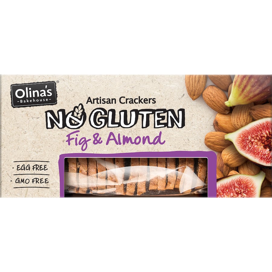 Olina's Gluten-Free Crackers featuring fig and almond, nutty, sweet, and a perfect snack for health-conscious foodies.