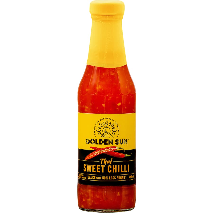 Golden Sun Chilli Sauce Sweet Thai, 50% less sugar, perfect for dipping, marinades, and elevating meals with authentic flavor.
