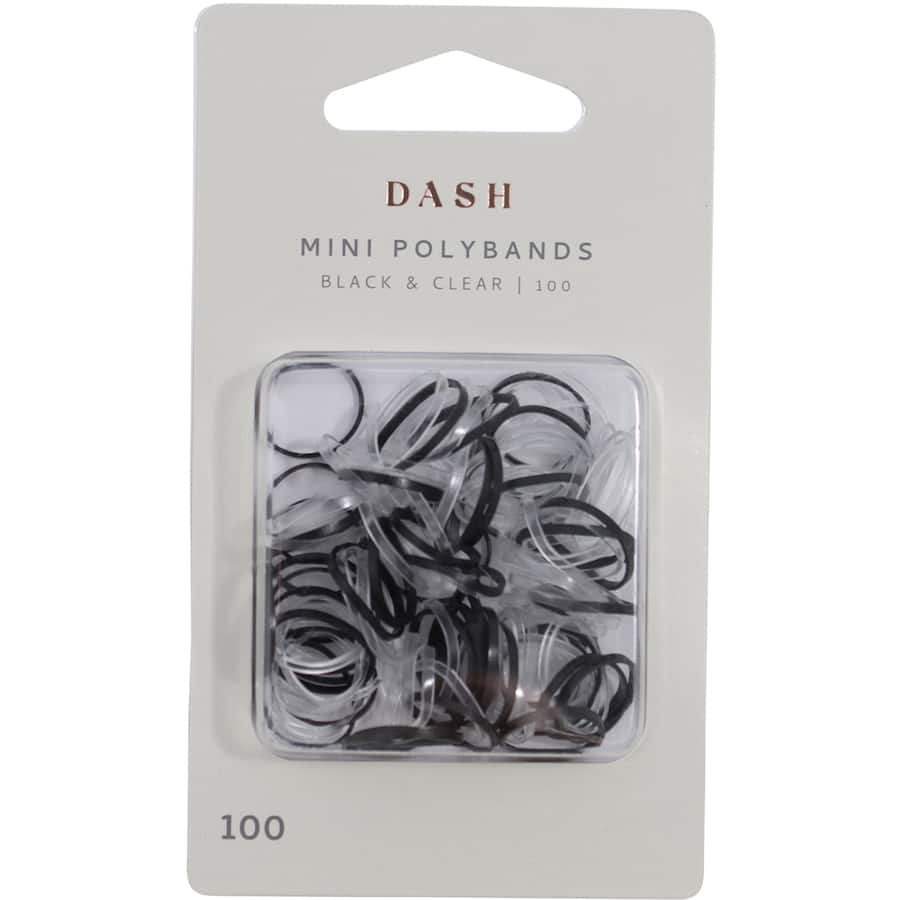 Mini black and clear hair ties in a pack of 100, perfect for sleek styles and secure holds without damage.