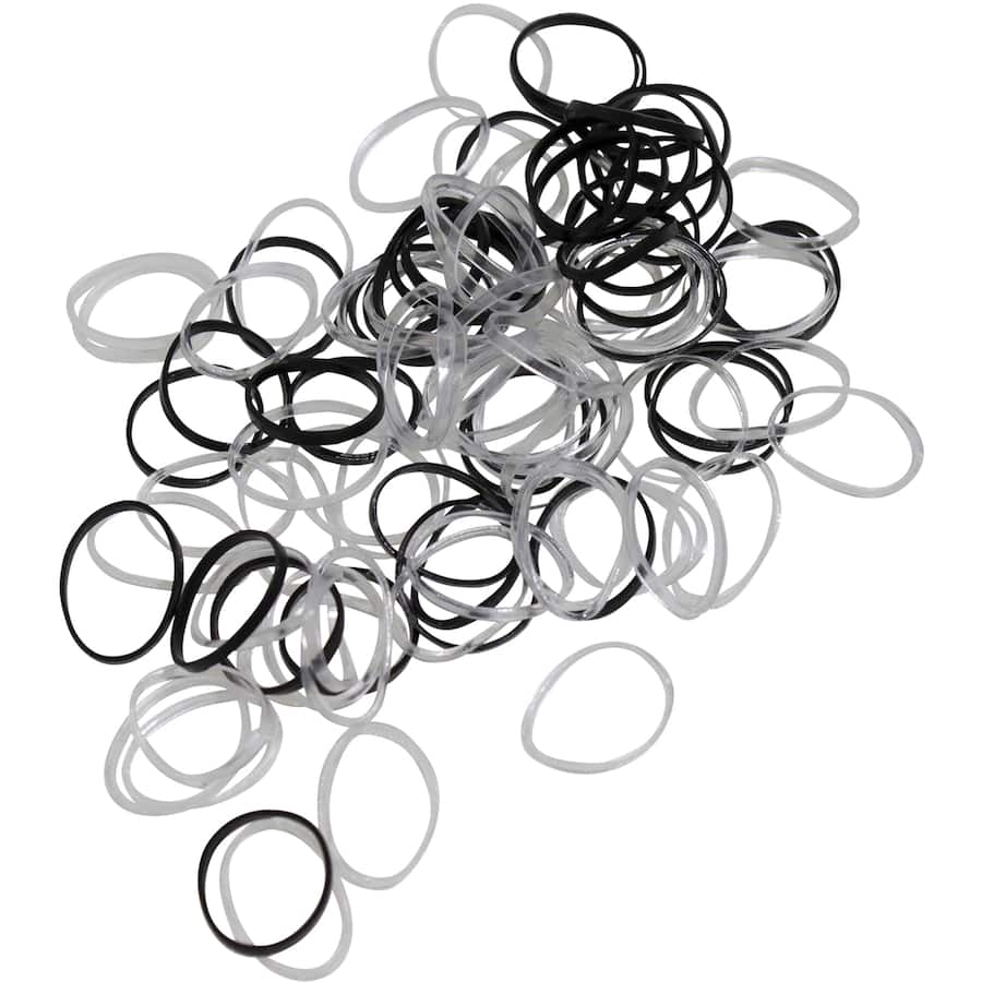 Dash Hair Ties Mini Polybands in black and clear, 100 stretchy ties for secure, damage-free styling for all hair types.