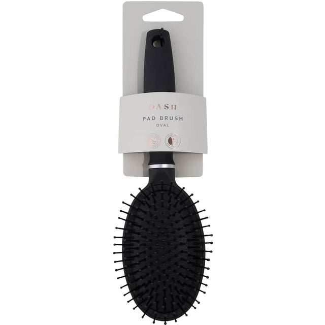 Cushioned oval pad hair brush designed for gentle detangling and grooming all hair types, promoting healthy, shiny strands.