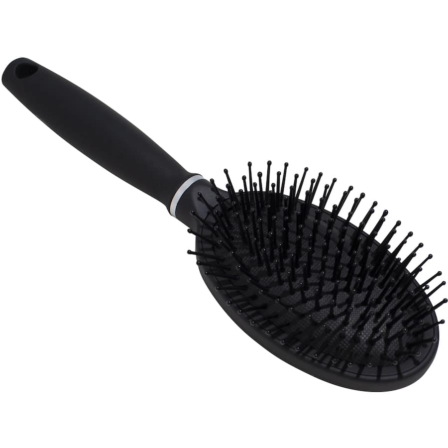 Cushioned oval pad hair brush for gentle detangling, suitable for all hair types and ages, promoting healthy, shiny hair.