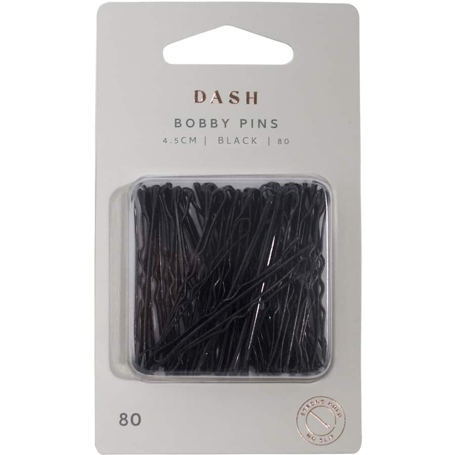 Black 4.5cm Dash Bobby Pins designed for strong hold and slip resistance, perfect for securing hairstyles all day.