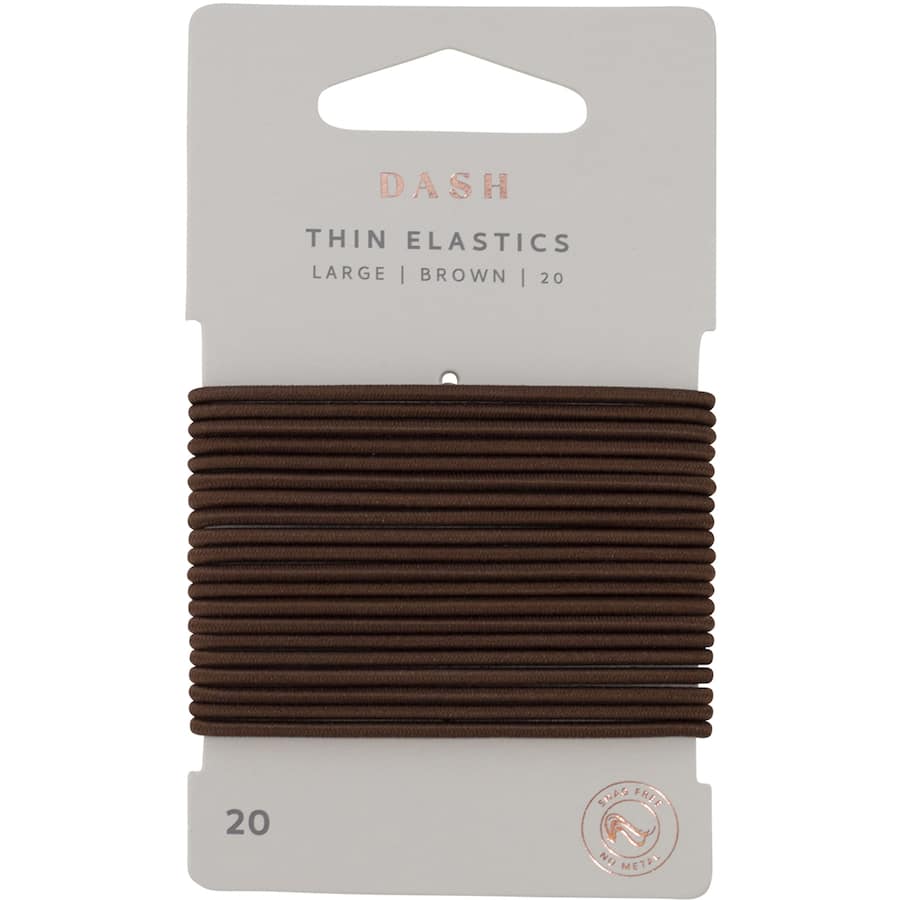 Large thin brown elastic hair ties, 20-pack, designed for secure styling without damage, ideal for all hair types.