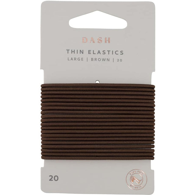 Large thin brown elastic hair ties, 20-pack, designed for secure styling without damage, ideal for all hair types.