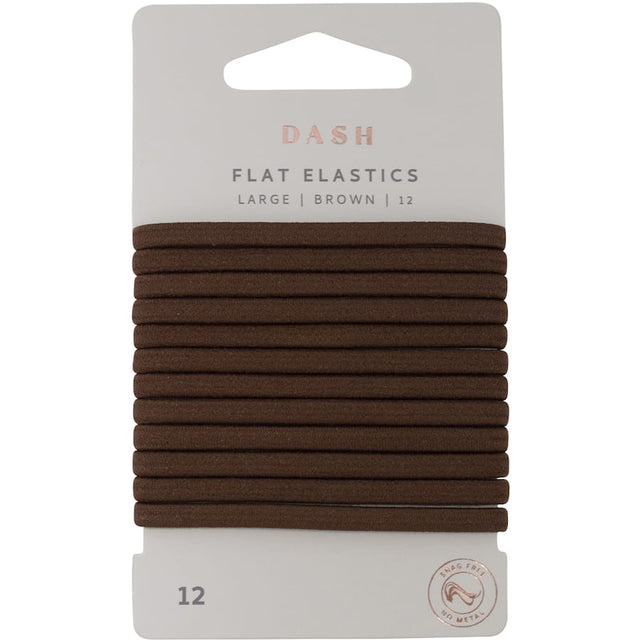 Large flat brown elastic hair ties in a pack of 12, designed for comfort and secure grip on all hair types.