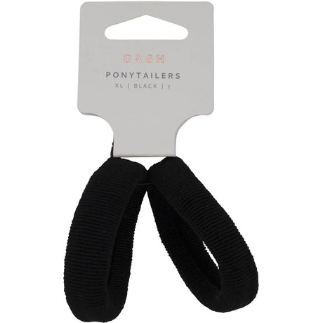 Extra large black ponytailers by Dash, designed for all hair types, providing secure grip and elegant style in a pack of 2.