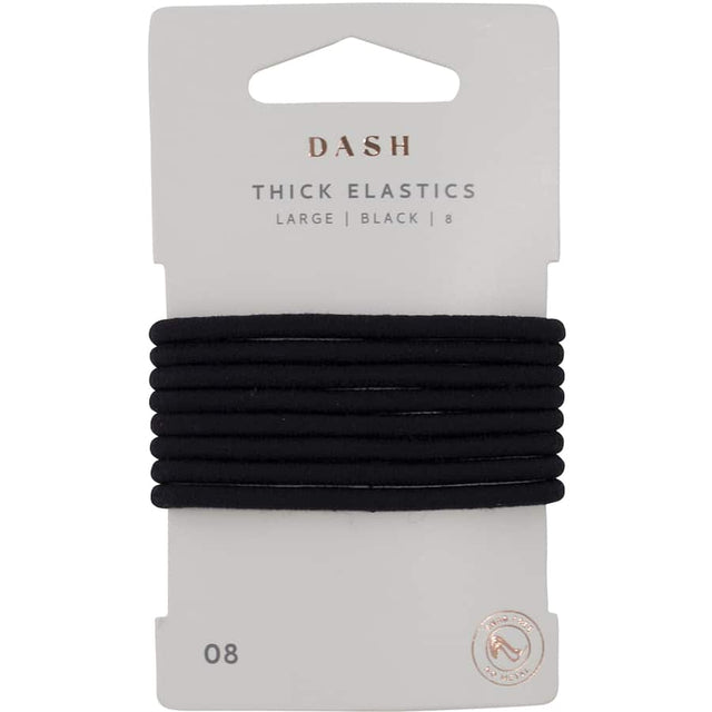 Large thick black Dash hair ties, 8-pack, designed for strong, gentle hold on thick or curly hair; perfect for versatile styling.