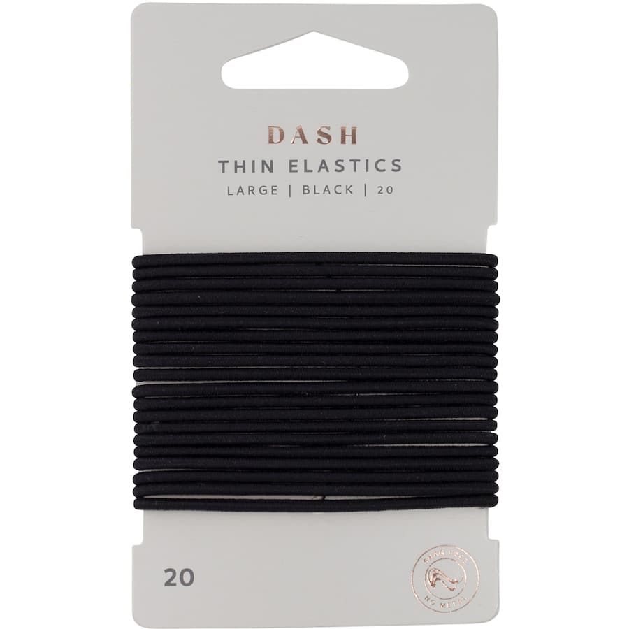 Large thin black hair ties from Dash, 20-pack, designed for secure, stylish hair management without damage.