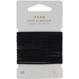 Large thin black hair ties from Dash, 20-pack, designed for secure, stylish hair management without damage.