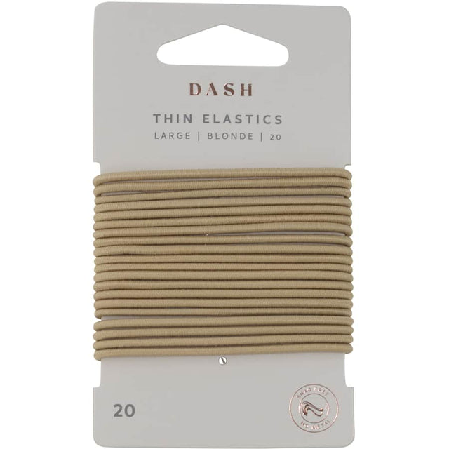 Large thin blonde hair ties in a 20-pack, offering a secure, gentle hold for versatile styling without hair damage.