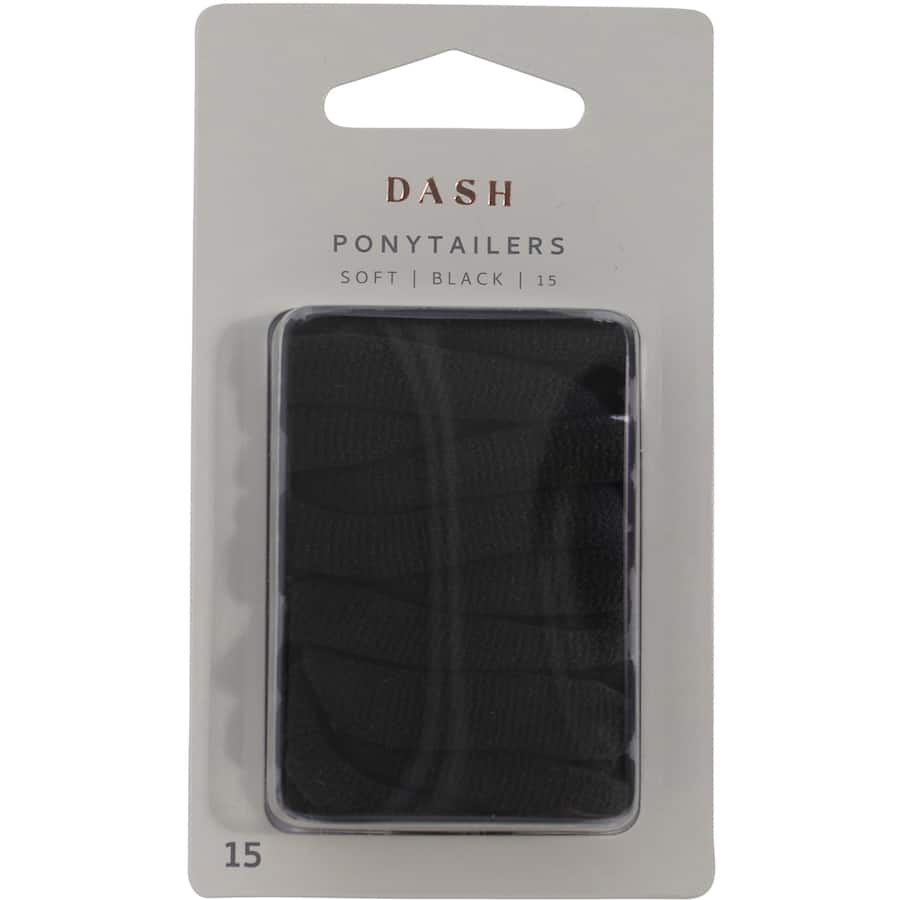 Premium soft black ponytailers designed for all hair types, perfect for secure, stylish looks; pack of 15 ties.