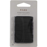 Premium soft black ponytailers designed for all hair types, perfect for secure, stylish looks; pack of 15 ties.