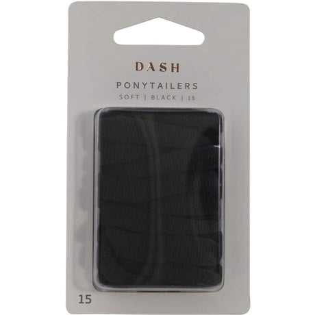 Premium soft black ponytailers designed for all hair types, perfect for secure, stylish looks; pack of 15 ties.