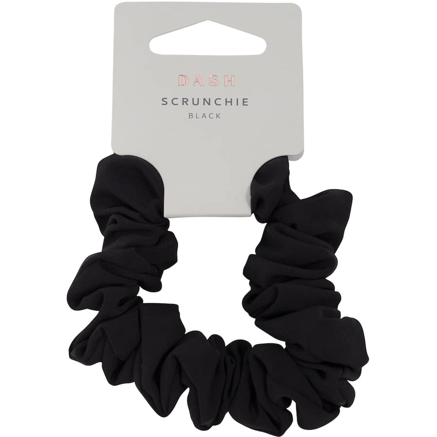 Black elastic scrunchie from Dash, perfect for all hair types and occasions, offering comfort and style without damage.