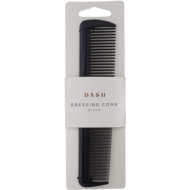 Sleek black Dash Comb Dressing with wide teeth for detangling and close teeth for smoothing, suitable for all hair types.