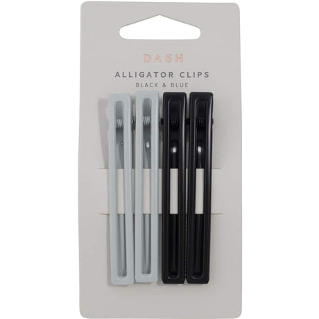 Stylish blue and black alligator hair clips, 4-pack, perfect for secure styling and functional elegance.