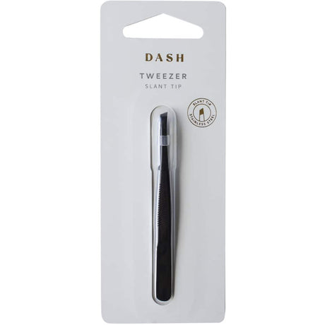 Dash Tweezer Slant Tip in stainless steel with slanted edge for precision grooming and effortless eyebrow shaping.