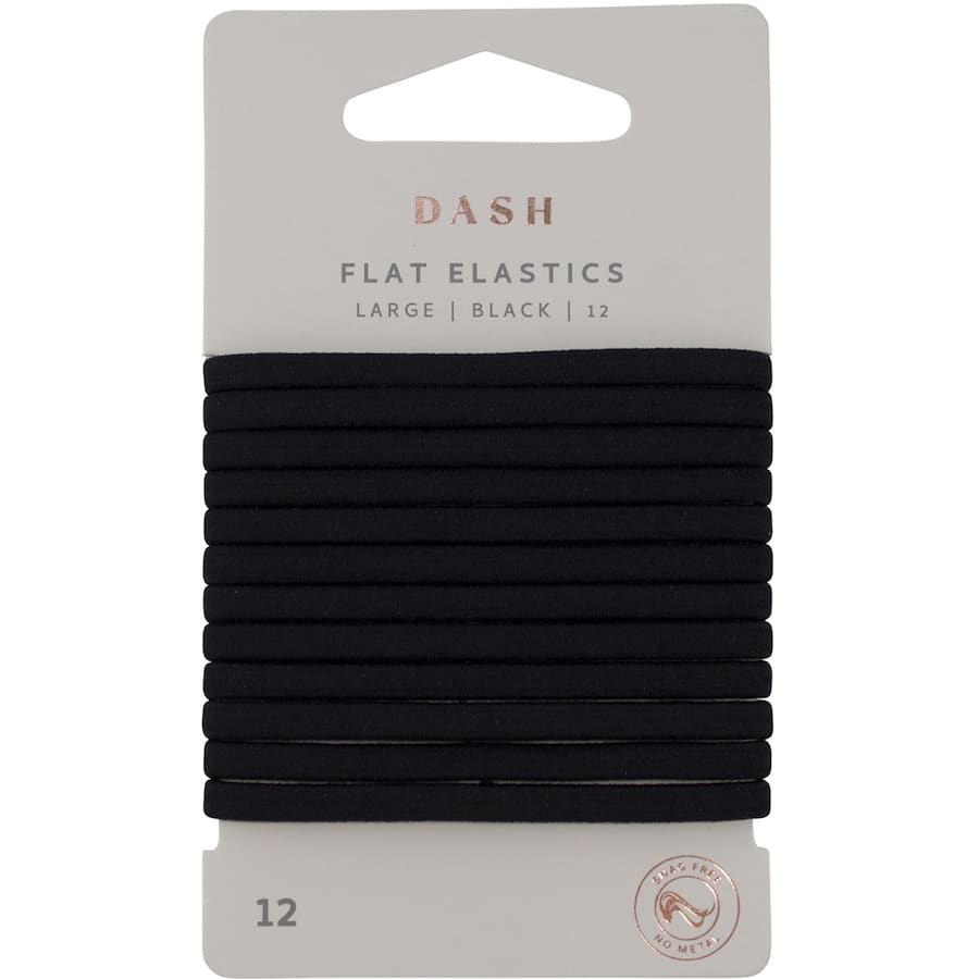 Large flat black hair ties designed for all hair types, offering a firm yet gentle hold; pack of 12.