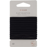 Large flat black hair ties designed for all hair types, offering a firm yet gentle hold; pack of 12.