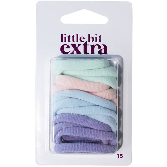 A 15-pack of small elastic pastel hair ties, perfect for stylish yet gentle hold on any hairstyle.