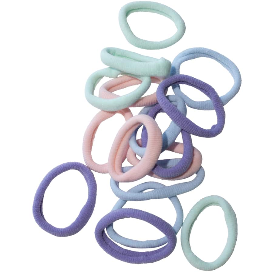 Colorful 15-pack of small pastel hair ties, soft and durable, perfect for styling without snagging.