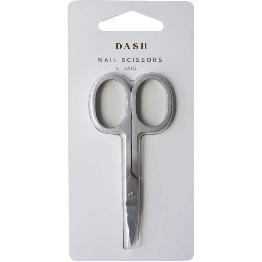 Stainless steel nail scissors with straight blades for precise cuts, ideal for nail care and grooming tasks.