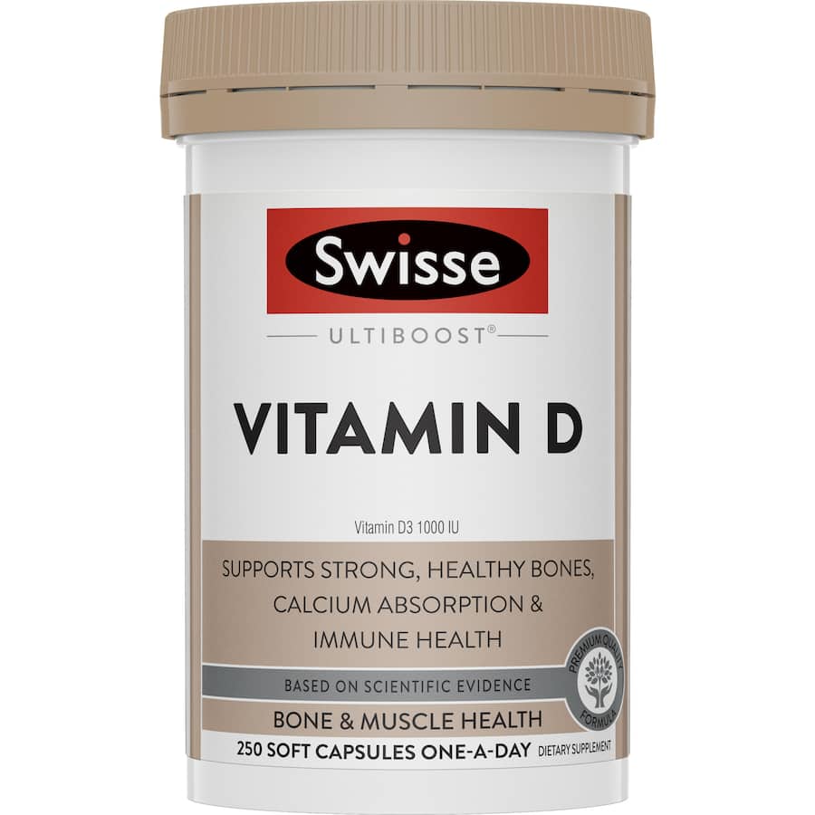 Swisse Ultiboost Vitamin D supplement for bone and muscle health, featuring 25 micrograms of vitamin D3 in easy-to-swallow tablets.