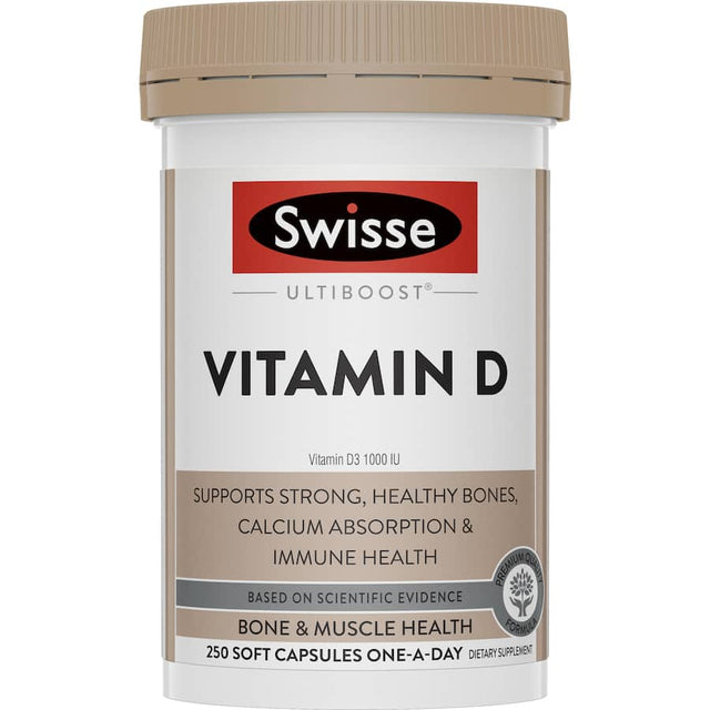 Swisse Ultiboost Vitamin D supplement for bone and muscle health, featuring 25 micrograms of vitamin D3 in easy-to-swallow tablets.