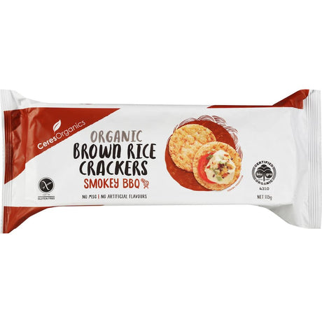 Smokey BBQ-flavored organic brown rice crackers, crunchy, gluten-free, and perfect for healthy snacking.