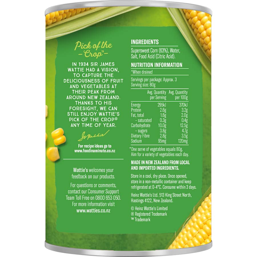 Canned Wattie's Corn Whole Kernel, a versatile ingredient rich in flavor, fiber, and nutrients for delicious meals.