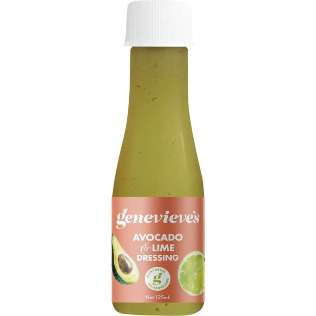 Genevieve's Avocado & Lime Salad Dressing, a creamy, zesty blend perfect for salads and marinades.