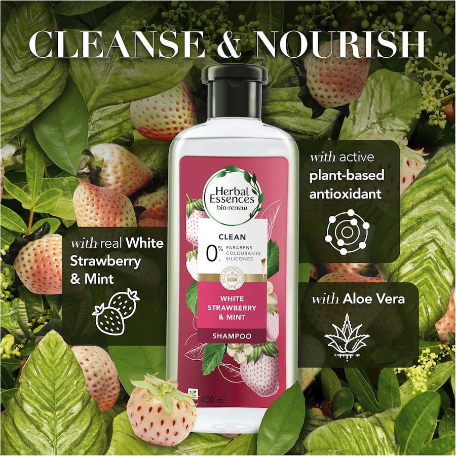 Herbal Essences Bio:renew Cleansing Shampoo with White Strawberry & Mint for vibrant, clean hair; vegan and eco-friendly formula.