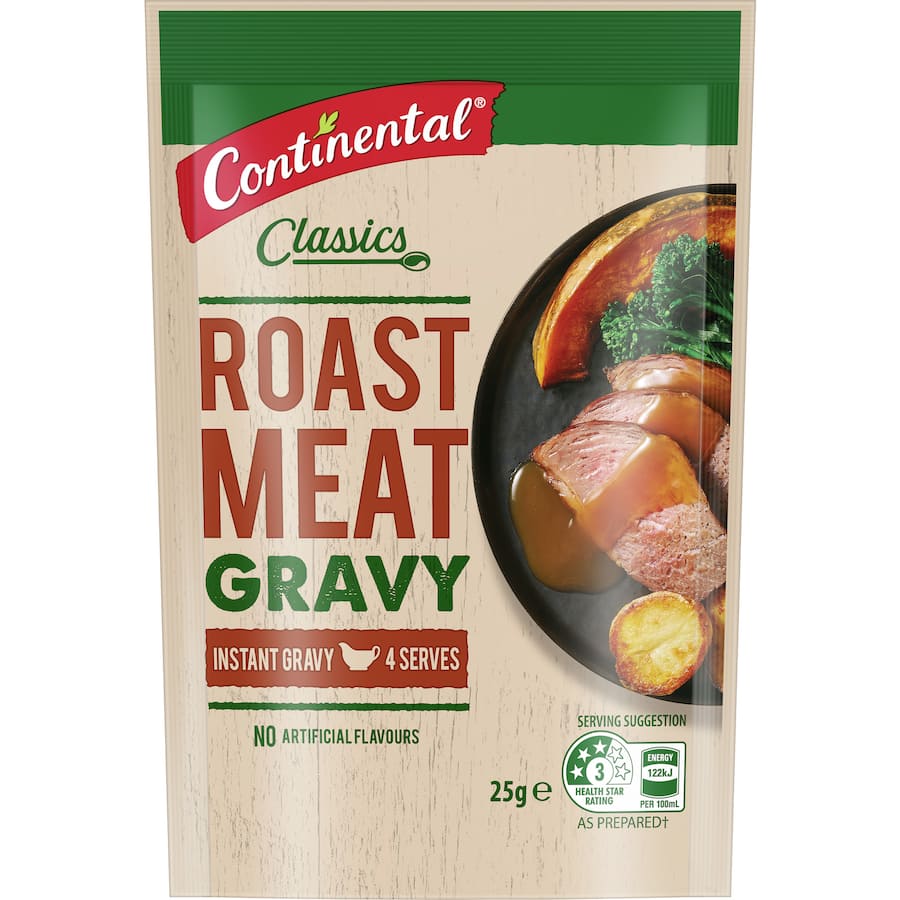 Continental Instant Gravy Mix for Roast Meat - a quick, rich gravy mix, 99% fat-free, ideal for enhancing mealtime flavors.