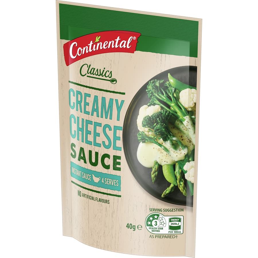 Continental Cheese Sauce Instant Mix sachet, easy to prepare gourmet sauce for pasta, chicken, seafood, and veggies.