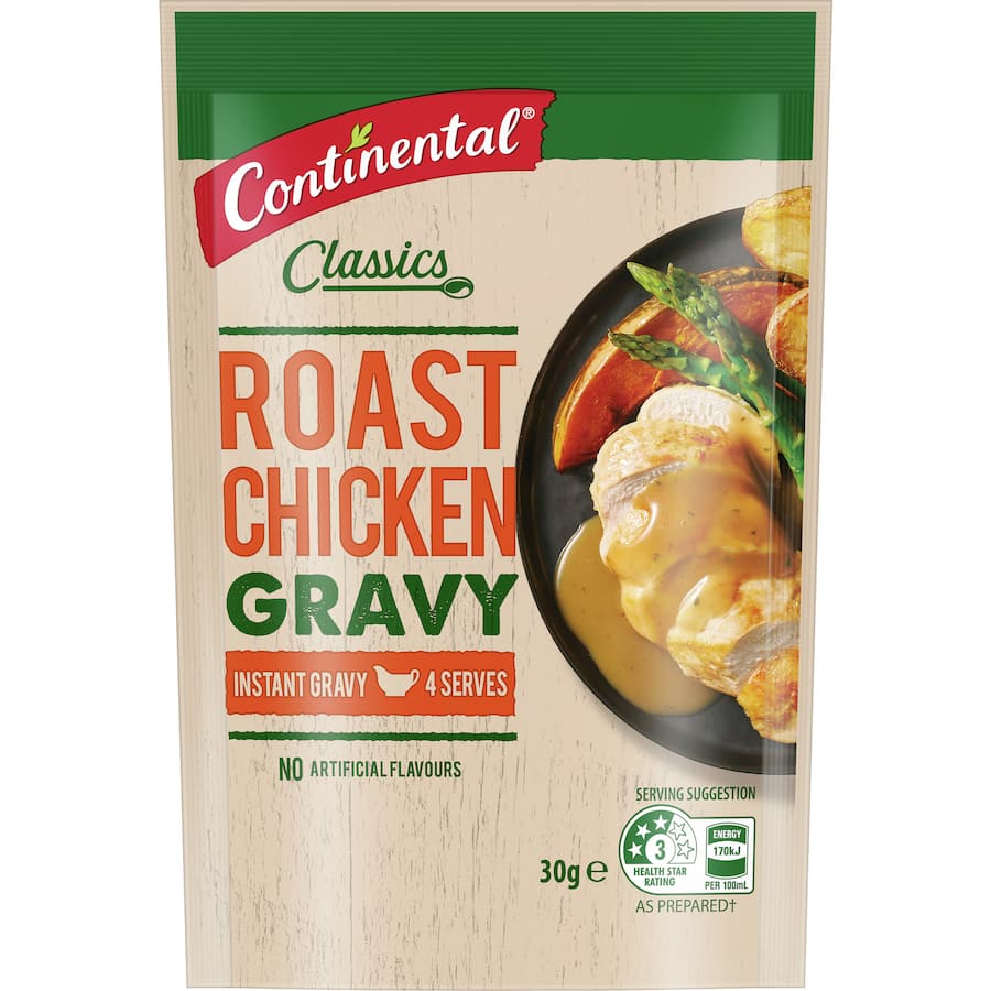 Continental Instant Gravy Mix Roast Chicken in a sachet, offering rich, flavorful gravy ready in minutes, 99% fat-free.