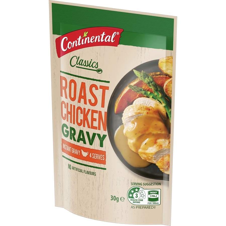 Continental Instant Gravy Mix for Roast Chicken offers rich, flavorful gravy ready in minutes, perfect for meats and veggies.