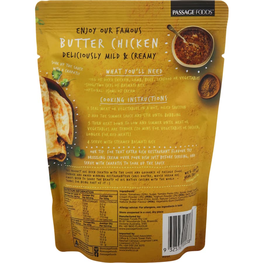 Rich and creamy Indian Butter Chicken Sauce, gluten-free, made with natural ingredients and mild spices, serves 4 people.